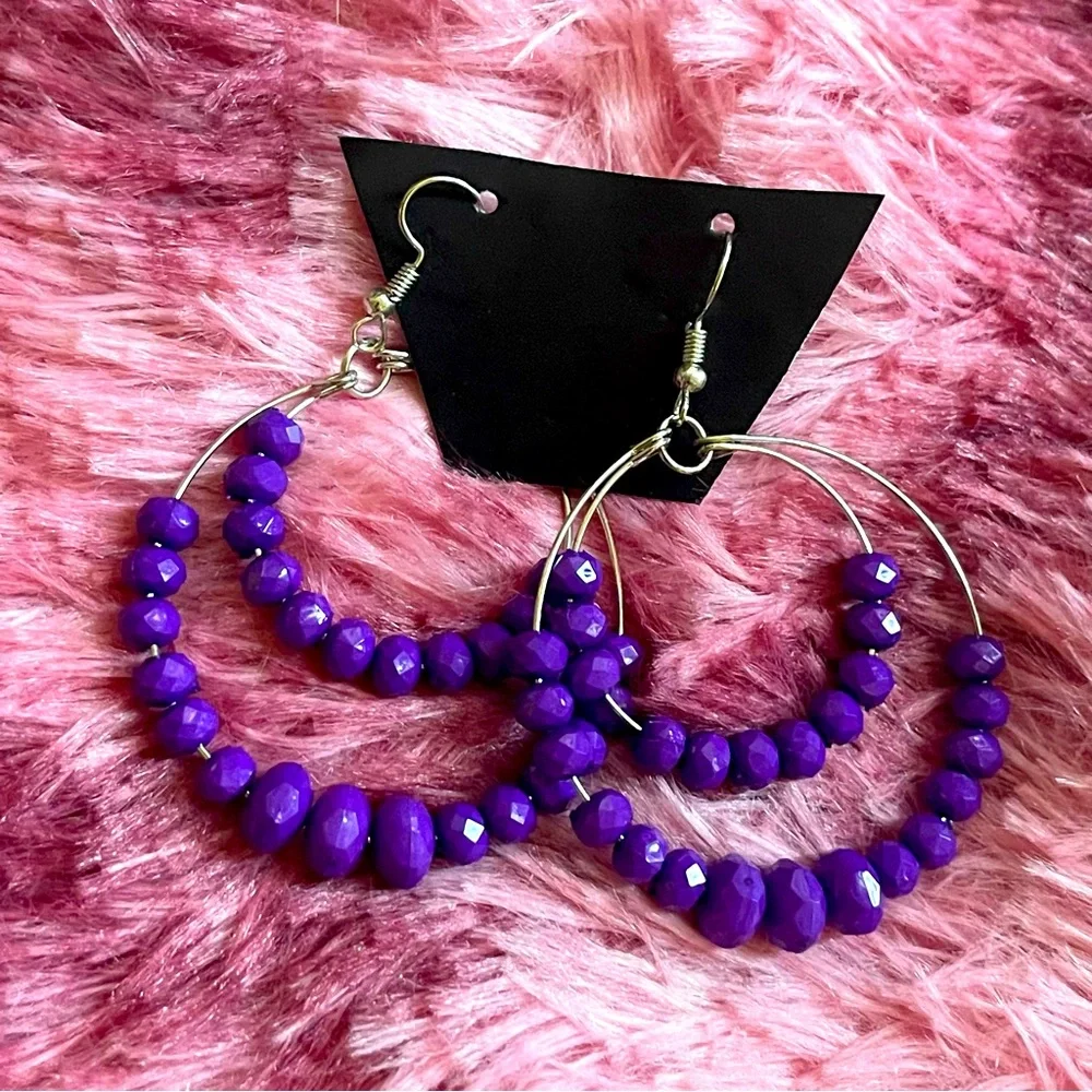 New Handmade Faceted Sterling Silver Purple Bead Bottom 2 Layer Hoop Earrings